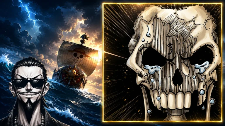 Brook con occhiali da sole sorride davanti al Going Merry in navigazione tra i fulmini; a destra un teschio stilizzato manga in cornice dorata, One Piece